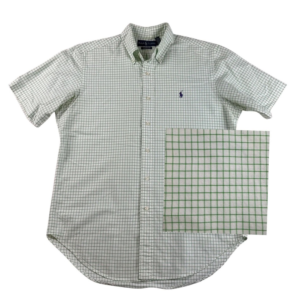 Ralph Lauren Classic Fit Button Shirt M Green White Check Short Sleeve Cotton - Picture 1 of 8